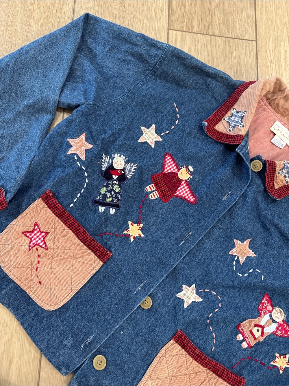 Vintage Casey Coleman Embroidered American Cottage Core Angel Jean Jacket Sz M/L